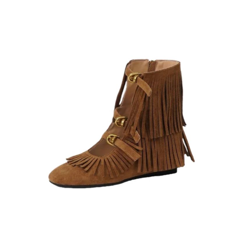 Simple Retro Tassel Western Boots Women Round Toe Height-Increasing Short Summer Cool