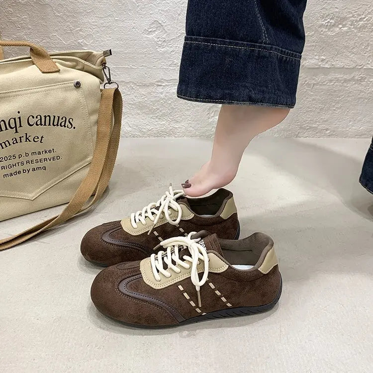 Retro Color-Block Lace-Up Sneakers for Women – Flat Casual Sport Shoes