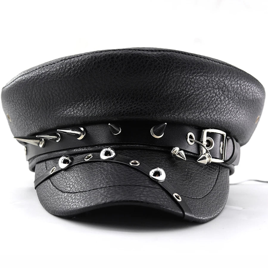 Women's Black PU Leather Military Cap with Spike Rivets