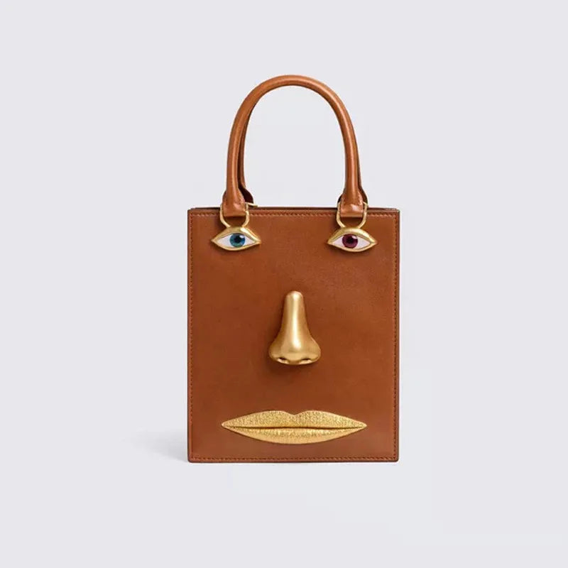 Face Art Leather Handbag – Gold-Tone Metal Accents