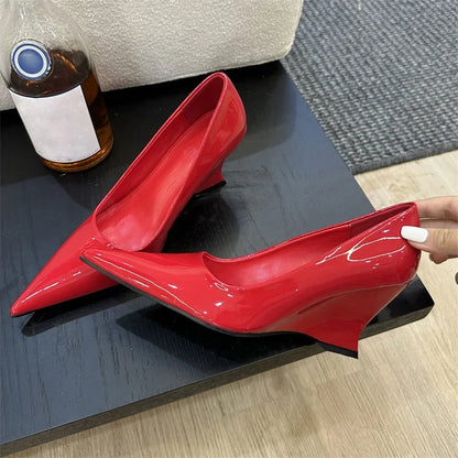 Pointed Toe Wedge Pumps for Women – Patent Leather Heels