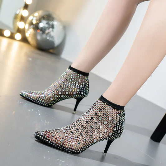 Women's Rhinestone Mesh Ankle Boots – Pointed Toe Stiletto Heel
