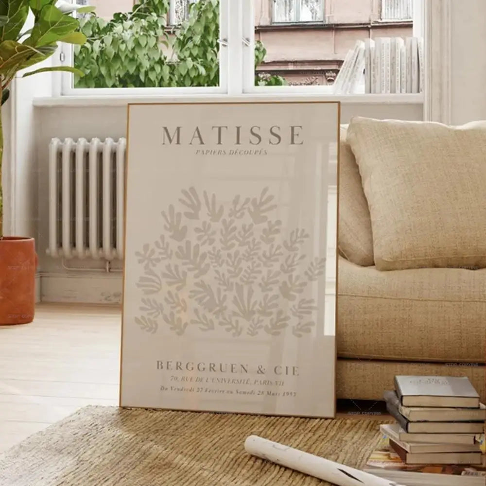 Neutral Beige Botanical Leaf Wall Art Canvas Poster – Mid-Century Minimalist Print