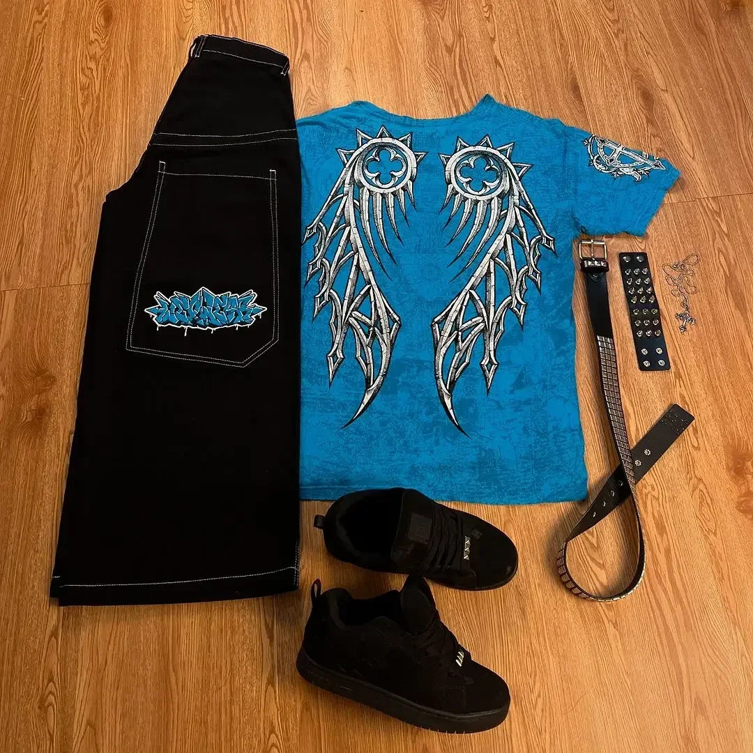 Y2K Men's Streetwear Set – Graphic Embroidered Shorts, Tops & Tracksuits