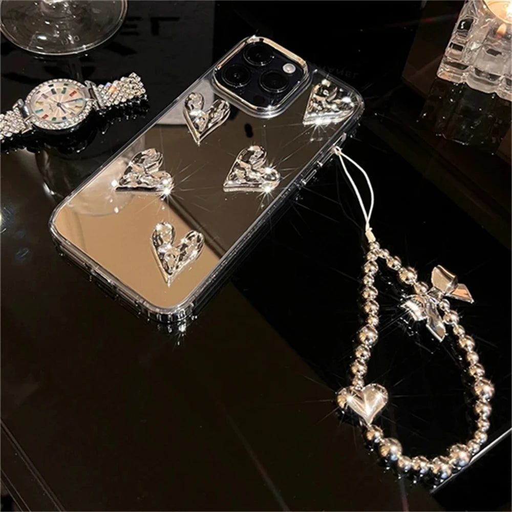 3D Heart Mirror iPhone Case with Silver Bracelet Chain