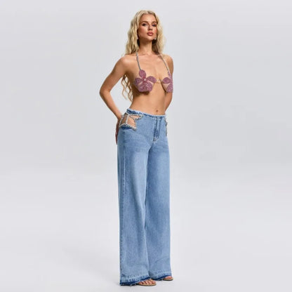 Y2K Rhinestone Hollow Out Wide Leg Jeans for Women