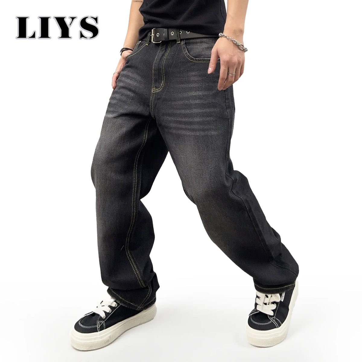 Baggy Straight Leg Jeans Men – Black Washed Retro Denim Pants
