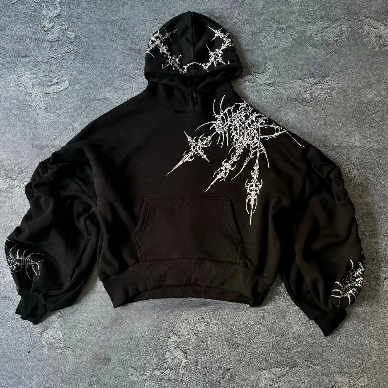 Y2K Gothic Graphic Hoodie Women Harajuku Streetwear Loose Zip-Up Sweatshirt