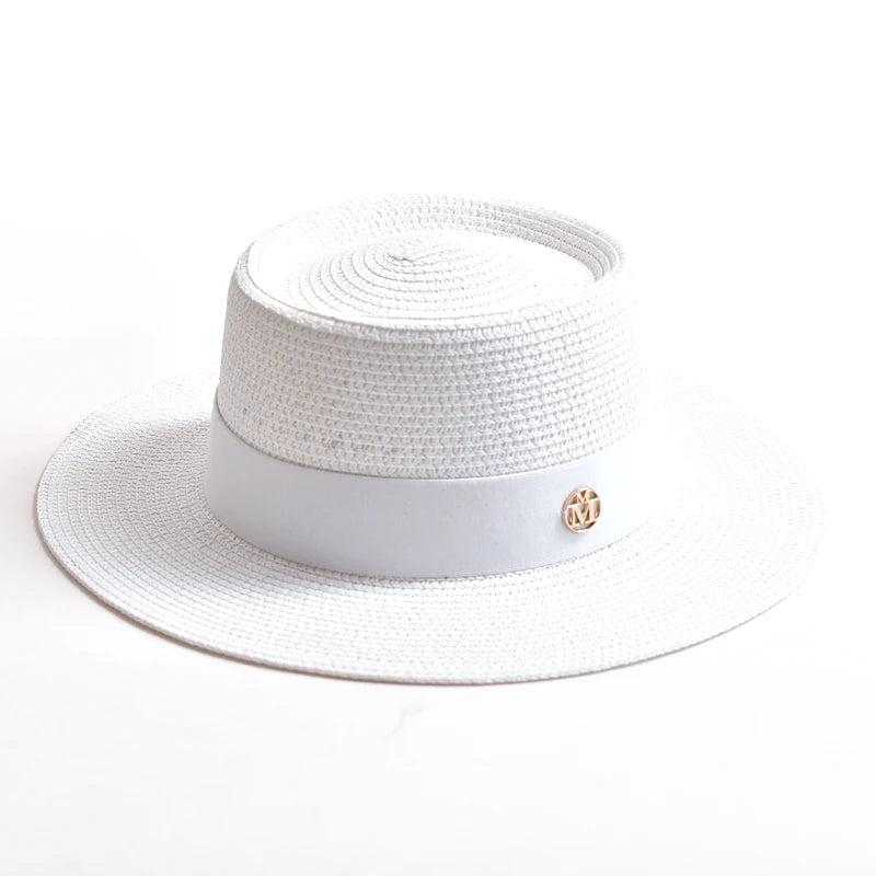 Women's Straw Sun Hat Flat Brim Ribbon Beach Hat