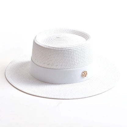 Women's Straw Sun Hat Flat Brim Ribbon Beach Hat