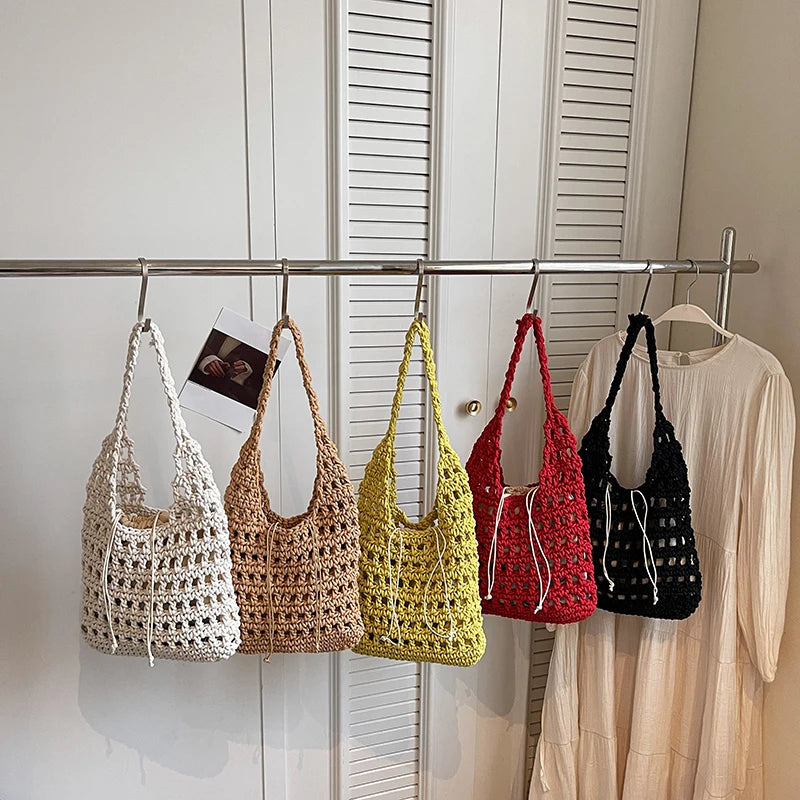 Women's Crochet Hollow Woven Drawstring Shoulder Bag