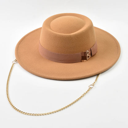 Women's Wide Brim Felt Fedora Hat with Gold Chain & Letter Detail