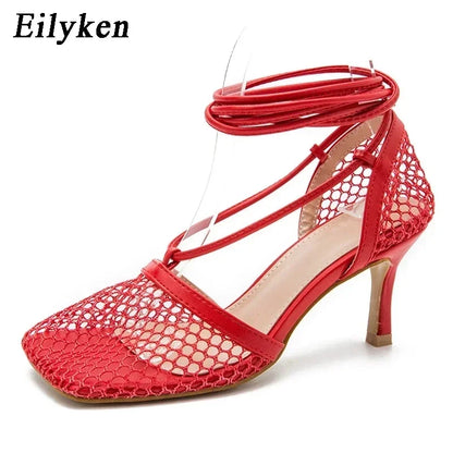 Mesh Lace-Up Stiletto Pumps – Square Toe Hollow Heels
