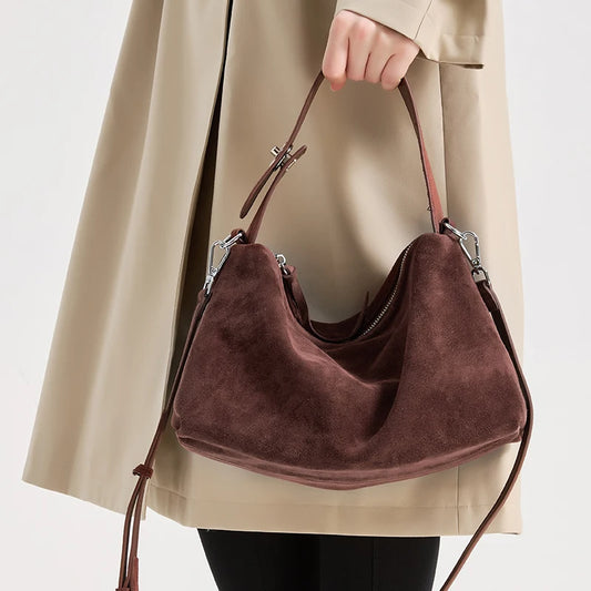 Women's Soft Matte Suede Cowhide Leather Shoulder Bag