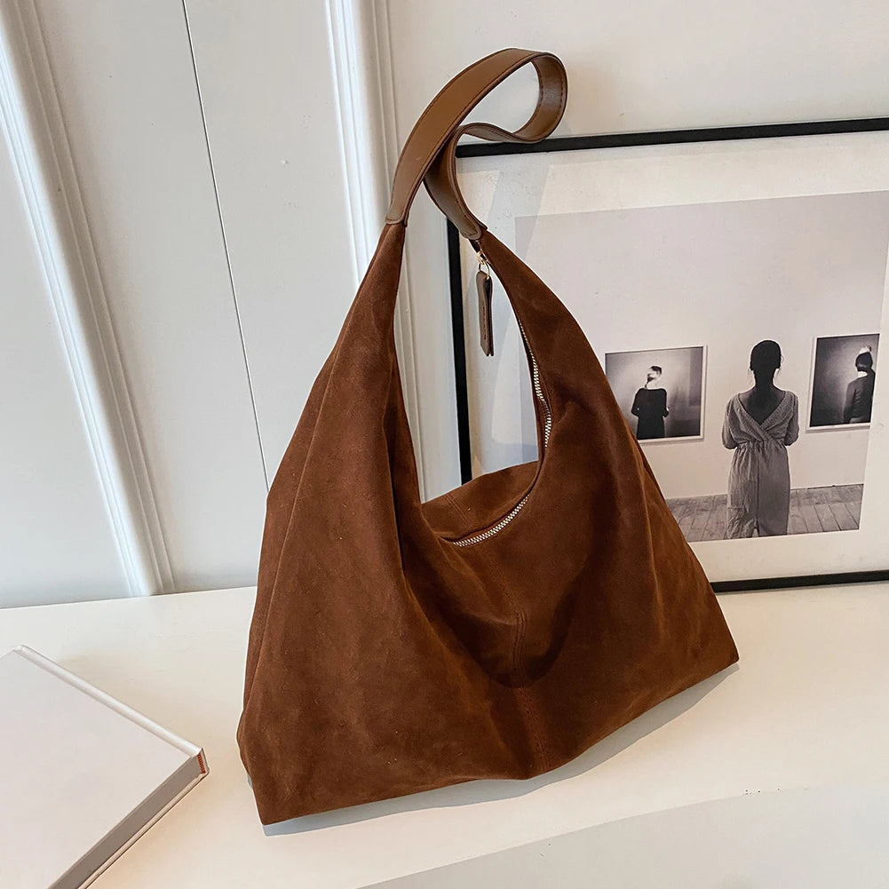 Women Suede Shoulder Bag with Zipper Hobo Bags