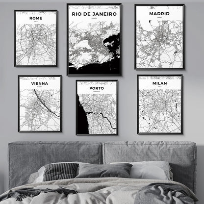 World City Map Wall Art Print – Black & White City Poster