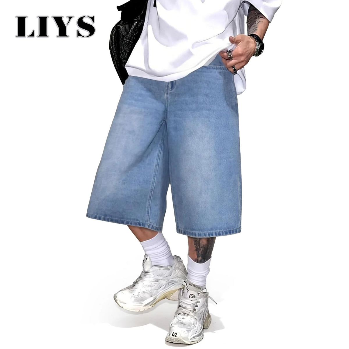 Baggy Wide-Leg Denim Shorts – Men's Light Blue Streetwear