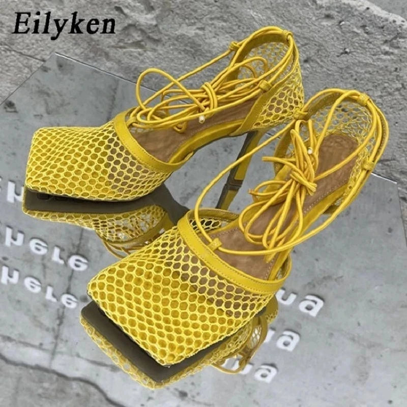 Eilyken Mesh Stiletto Sandals – Square Toe Lace-Up Heels for Women