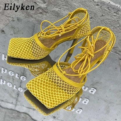 Eilyken Mesh Stiletto Sandals – Square Toe Lace-Up Heels for Women
