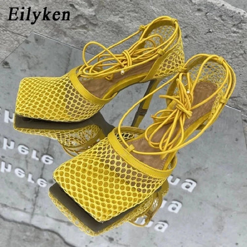 Eilyken Mesh Stiletto Sandals – Square Toe Lace-Up Heels for Women