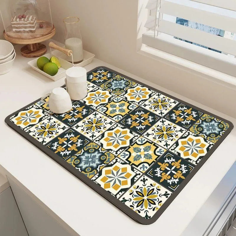 Dish Drying Mat – Boho Vintage Tile Absorbent Non-Slip Kitchen Mat