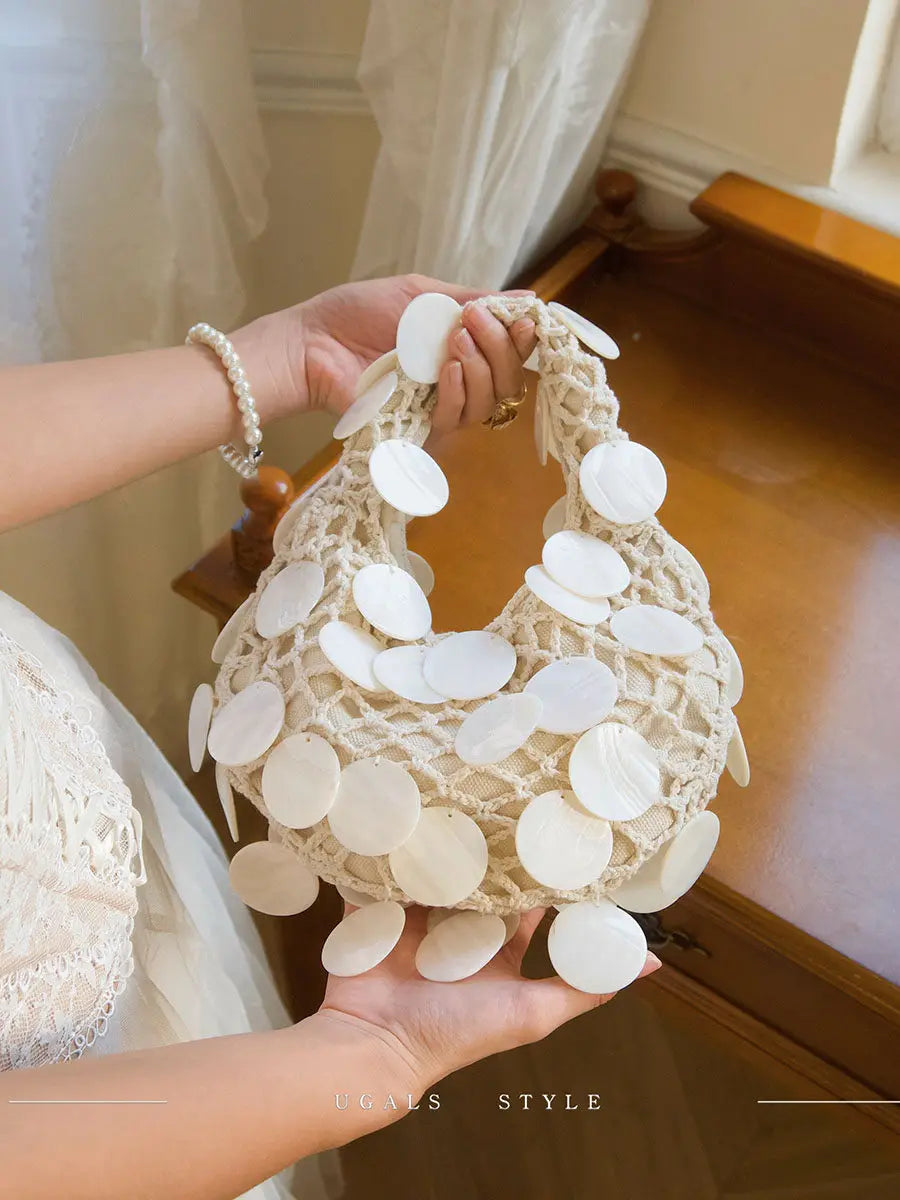Handwoven Shell Bead Beach Bag – Boho Clutch Tote