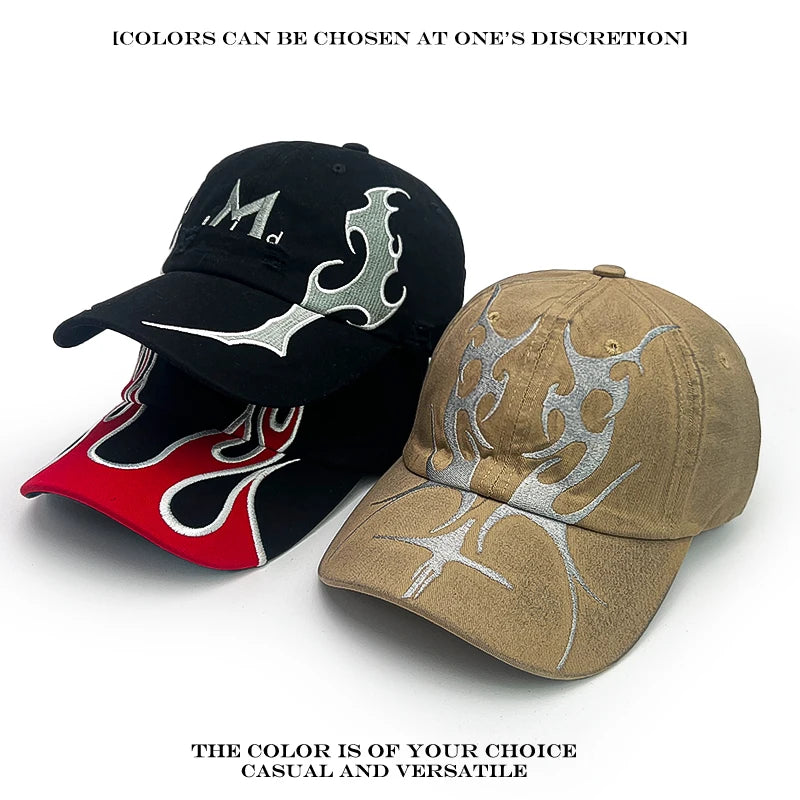 Flame Embroidered Baseball Cap – Y2K Street Style Hat for Men & Women