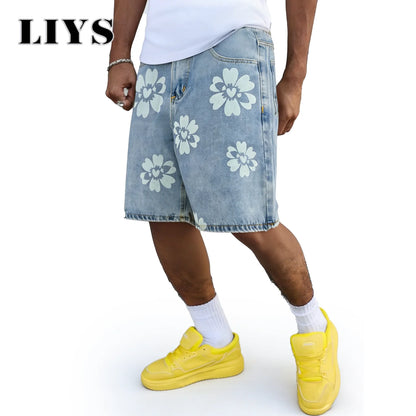 Flower Print Wide Leg Jeans – Men's Y2K Casual Bermuda