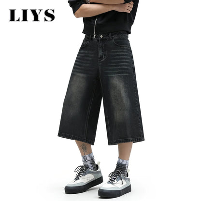 LIYS Baggy Wide Leg Denim Shorts for Men – Black Washed Streetwear