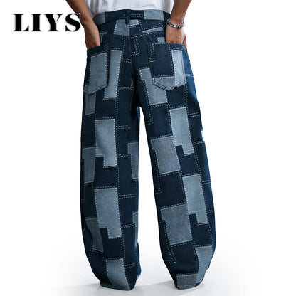 Pixel Pattern Wide Leg Baggy Jeans – Men's Street Denim Pants