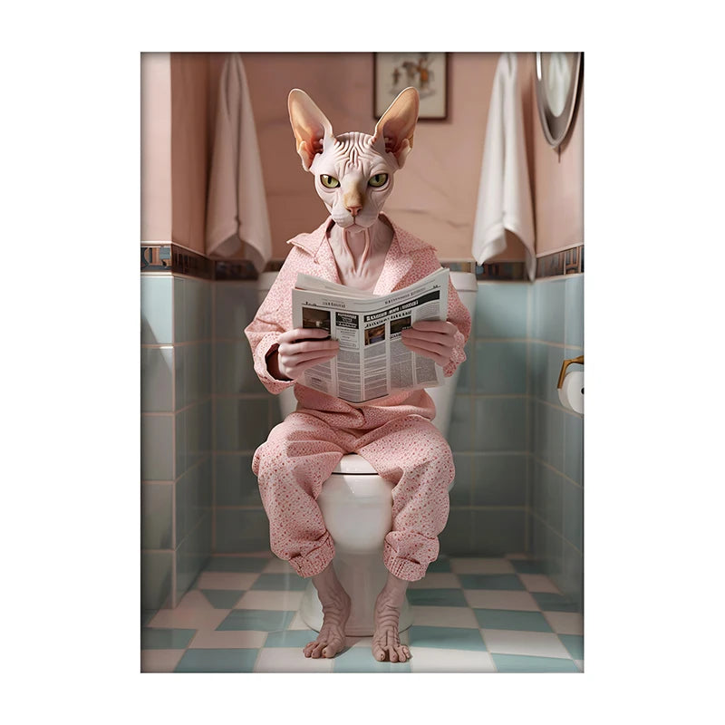 Funny Dog Bathroom Poster – Dog Reading Newspaper on Toilet Wall Art