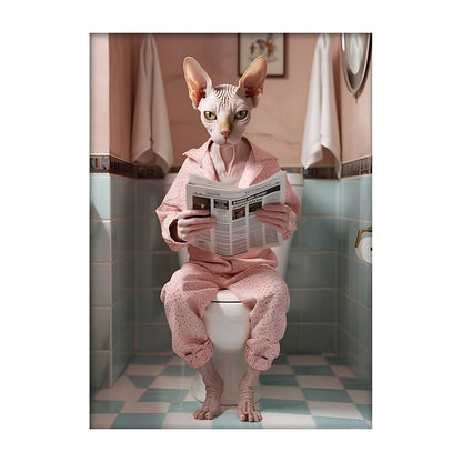Funny Dog Bathroom Poster – Dog Reading Newspaper on Toilet Wall Art