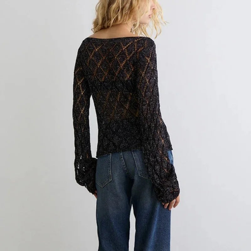 Crochet Mesh Top Women – Sheer Glitter Long Sleeve Shirt