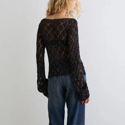 Crochet Mesh Top Women – Sheer Glitter Long Sleeve Shirt