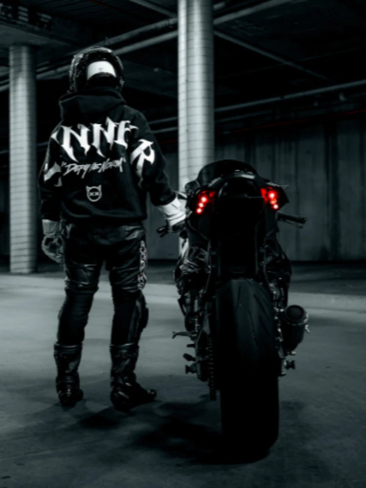 Mens Gothic Sinner Defy Moon Print Oversized Hoodie Black Streetwear Motorcycle Riding Casual