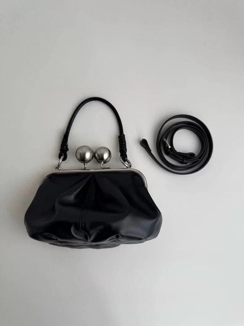 Retro Black Pleated Clip Bag Women Leather Small Capacity Handbag