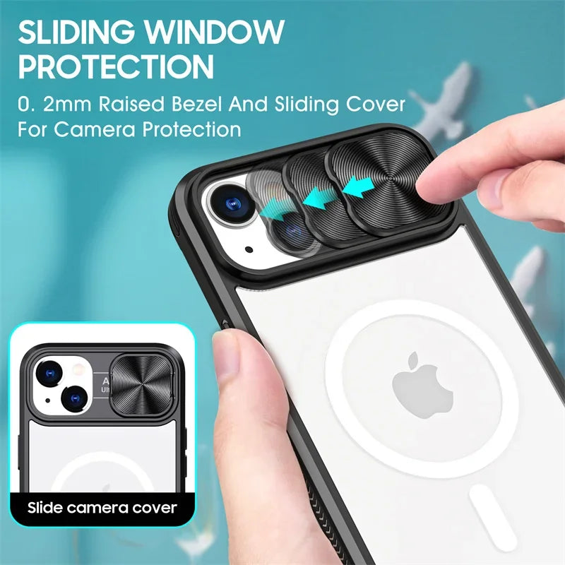Slide Camera Lens MagSafe Case – Acrylic Wireless Charging | iPhone 7–15 Series