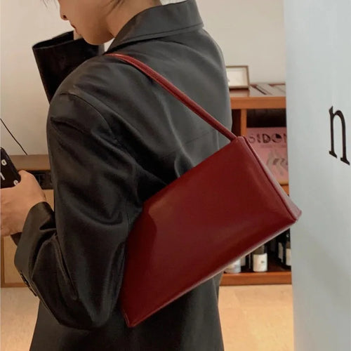 Retro Red Underarm Bag Women Simple Leather Large Capacity