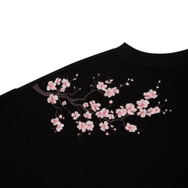Cherry Blossom Embroidery Waffle Knit Long Sleeve T-Shirt