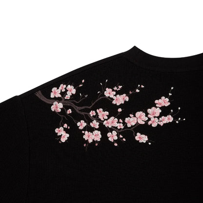 Cherry Blossom Embroidery Waffle Knit Long Sleeve T-Shirt