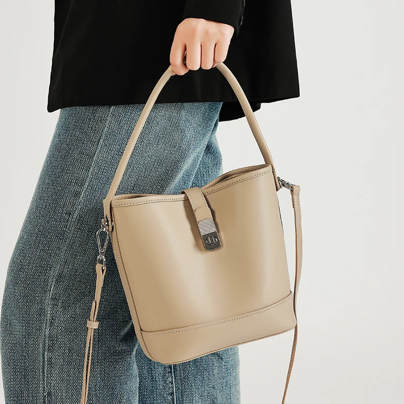 Genuine Leather Bucket Bag – Women's Crossbody Shoulder Handbag
