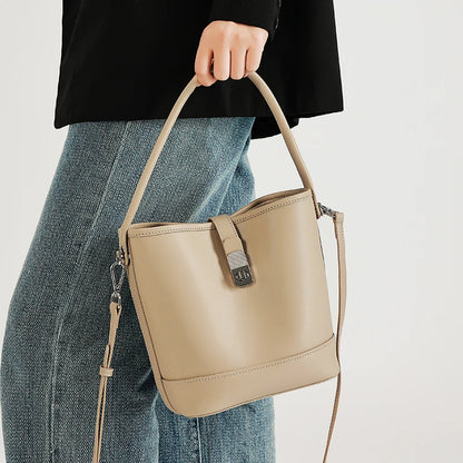 Genuine Leather Bucket Bag – Women's Crossbody Shoulder Handbag