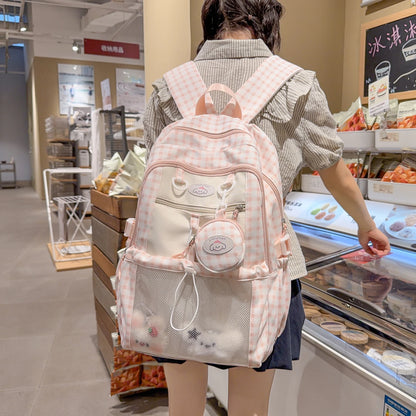Kawaii Checkered Mesh Backpack for Girls – Cute School Bag