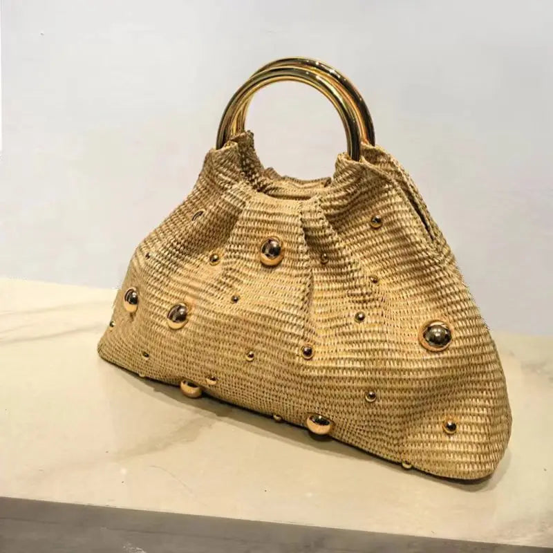 Boho Beaded Straw Handbag Elegant Circle Handle Clutch