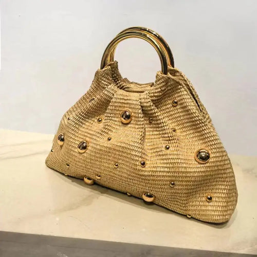 Boho Beaded Straw Handbag Elegant Circle Handle Clutch