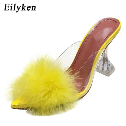 Feather Fur Clear Heel Mule Pumps for Women – Pointed Toe Slides