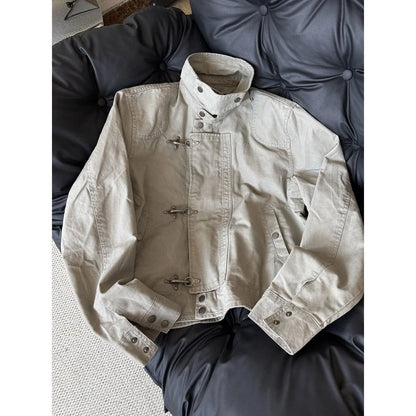 Mens Jacket Harajuku American Vintage Streetwear Buckle Short Workwear Coat Stand Collar Loose Fit