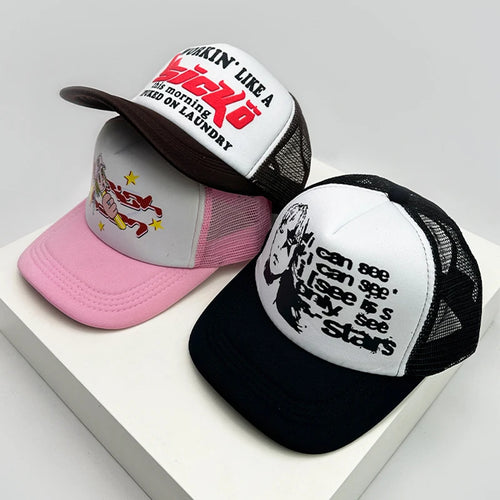Graphic Print Mesh Trucker Hat Breathable Baseball Cap