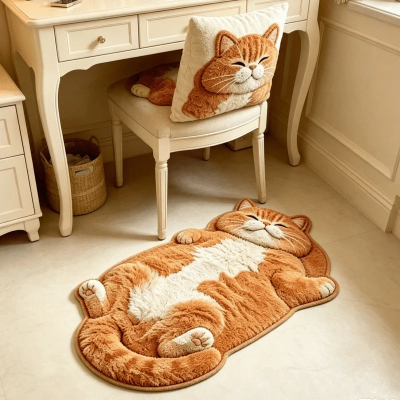 3D Cat Shaped Plush Rug – Cute Kitten Non-Slip Bedroom Floor Mat