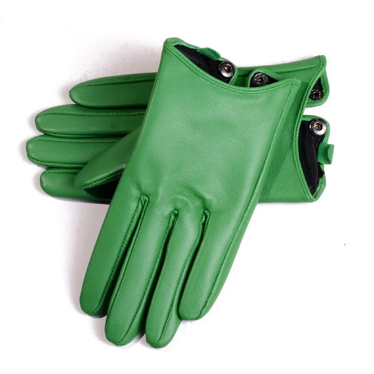 Women's Genuine Leather Short Gloves with Button Wrist